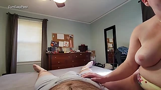 Topless bbw with big tits, Liza, jerks off Andy for a huge cumshot, before playing with his dick while he pees! (With slow motion replays!)